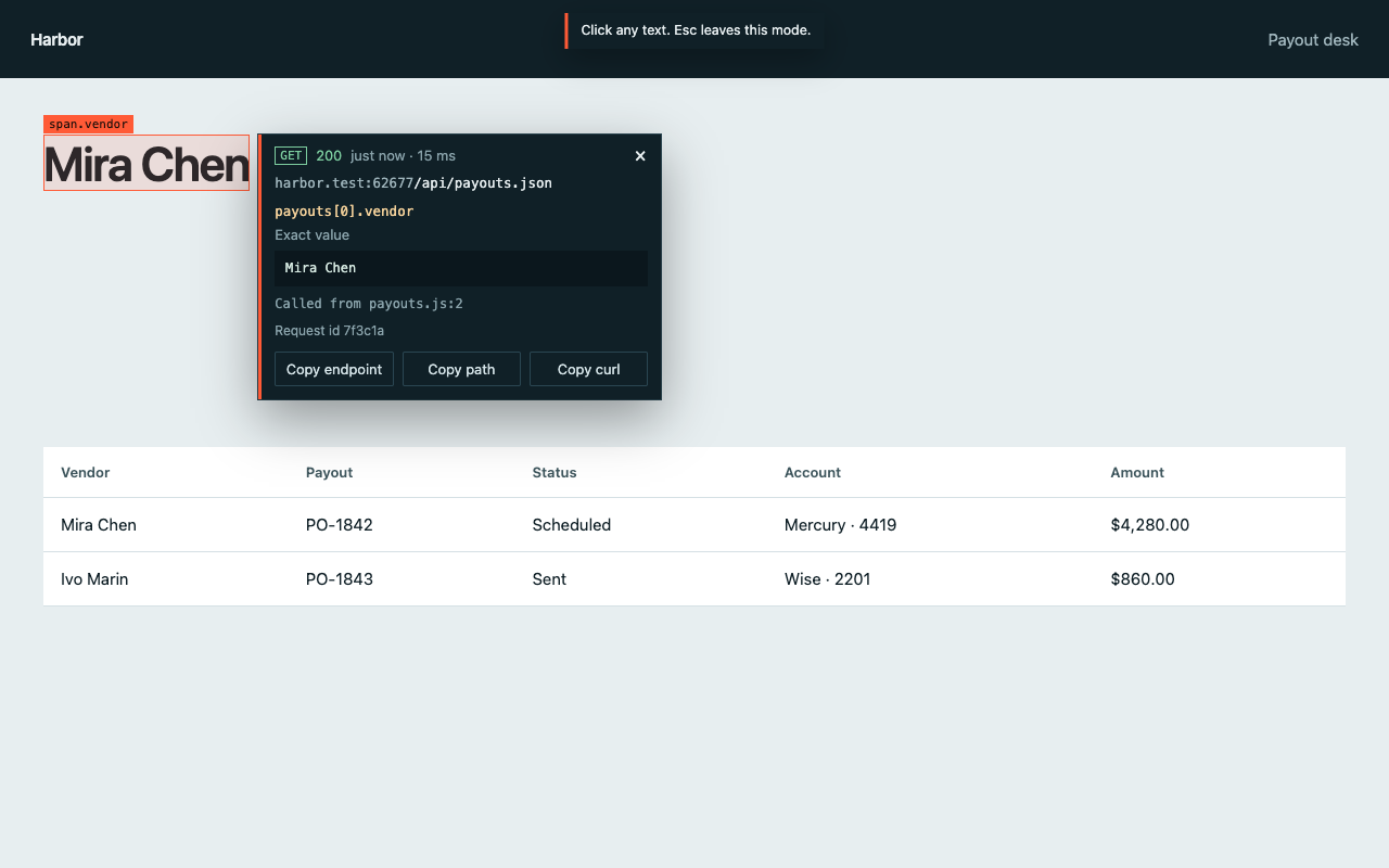 Endpoint Picker open on a payouts table. The panel shows GET /api/payouts.json and the path payouts[0].vendor for Mira Chen.